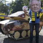 Dummy tank outside Borussia Dortmund stadium as fans protest club
