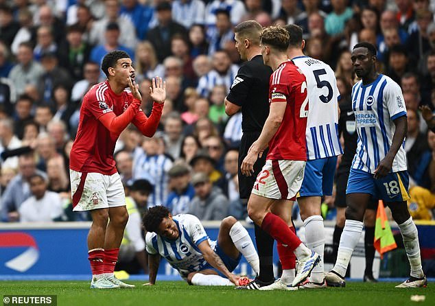 Morgan Gibbs-White proteste après un tacle sur Joao Pedro