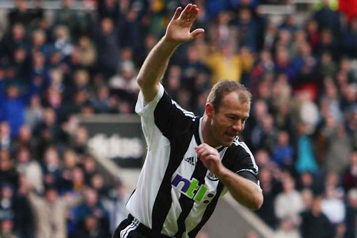 Alan Shearer of Newcastle United celebrates scoring Newcastle United's first goal