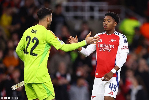 Lewis-Skelly (right) came on as a late substitute in the 2-0 win over PSG at the Emirates