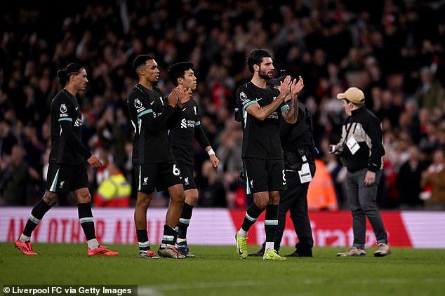 Les joueurs de Liverpool saluent leurs supporters après le match