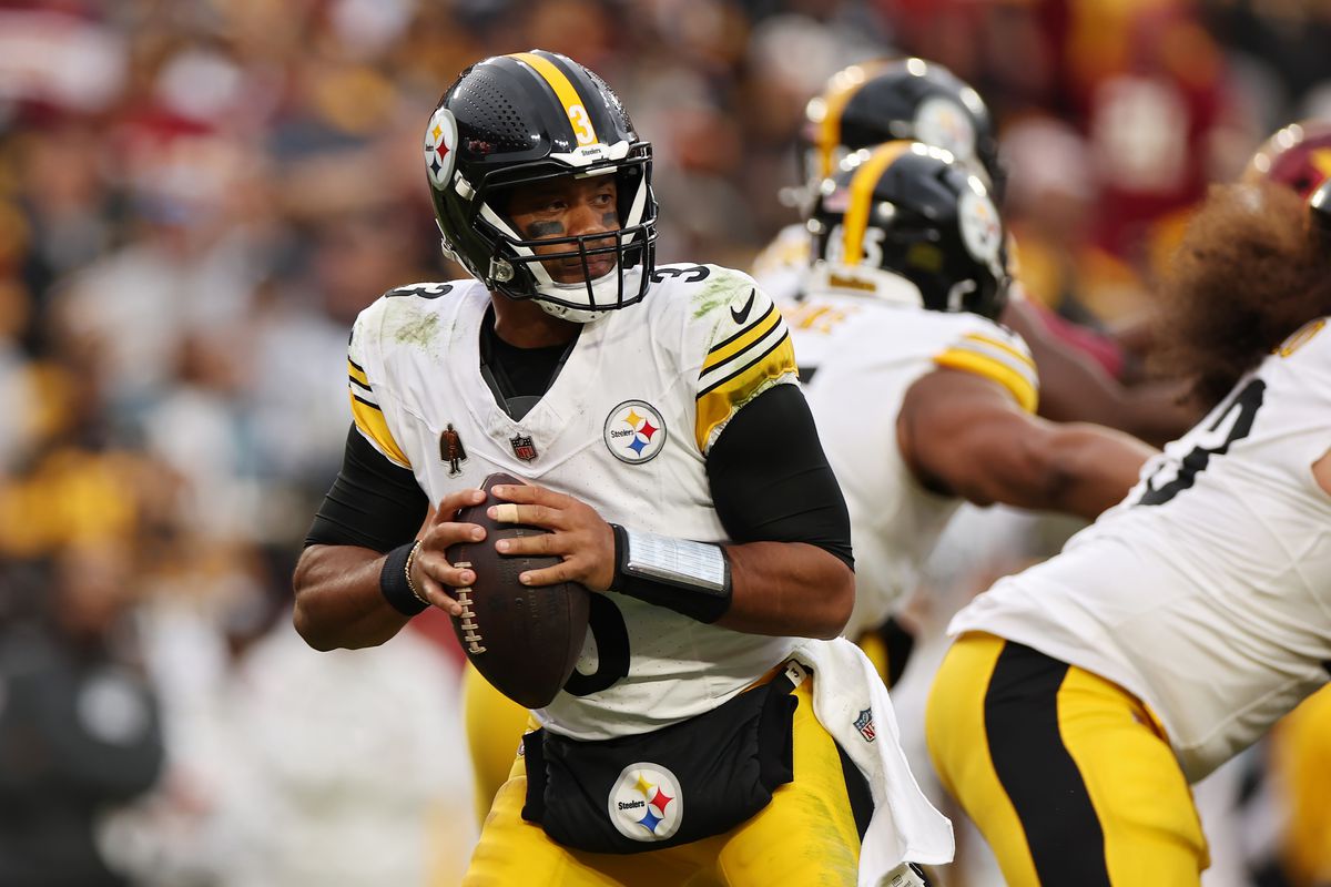 Russell Wilson #3 of the Pittsburgh Steelers looks to pass in the third quarter of a game against the Washington Commanders