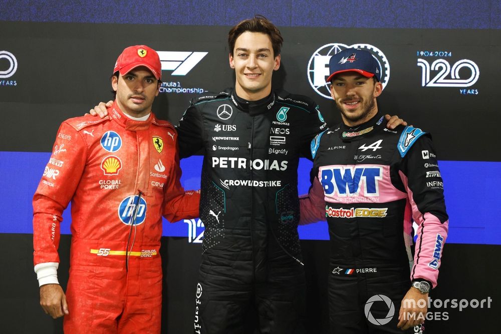 Top three qualifiers Carlos Sainz, Scuderia Ferrari, pole man George Russell, Mercedes-AMG F1 Team, Pierre Gasly, Alpine F1 Team