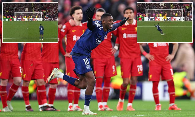 Dembélé célèbre après le penalty contre Liverpool