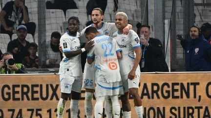 La joie des Marseillais, vainqueurs de Toulouse en Ligue 1 dimanche 6 avril. (CHRISTOPHE SIMON / AFP)