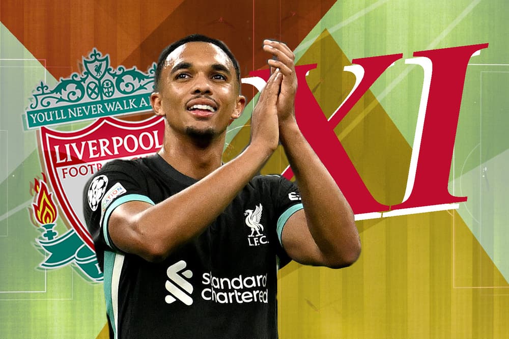 Trent Alexander-Arnold devant le logo de Liverpool FC