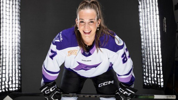 Minnesota Frost center Taylor Heise models the team's new home uniforms, unveiled Thursday, Nov. 7, 2024.