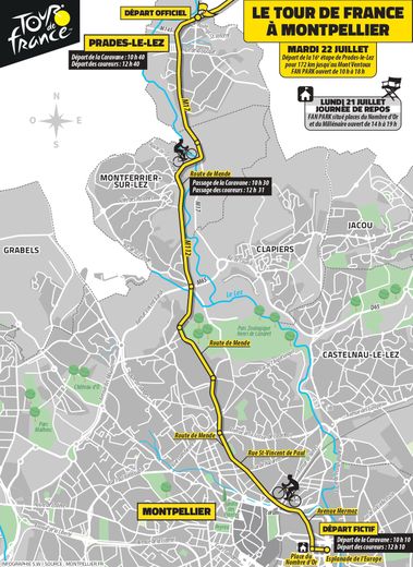 Le tracé du passage du peloton de Montpellier à Prades-le-Lez, lieu du départ officiel.
