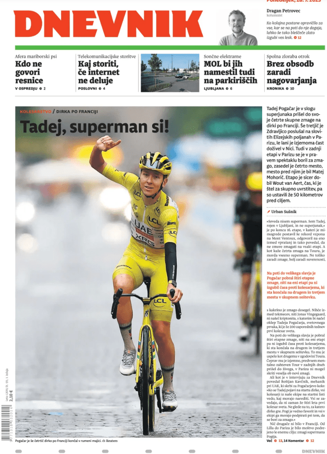 La une du journal slovène Dnevnik, après la victoire de Tadej Pogacar au Tour de France 2025