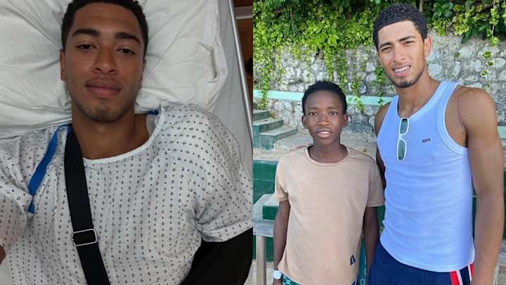 Jude Bellingham présentant la cicatrice de sa chirurgie à l'épaule