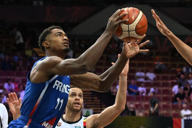 Théo Maledon, lors du match de l’Euro entre la France et la Belgique, à Katowice (Pologne), le 28 août 2025.