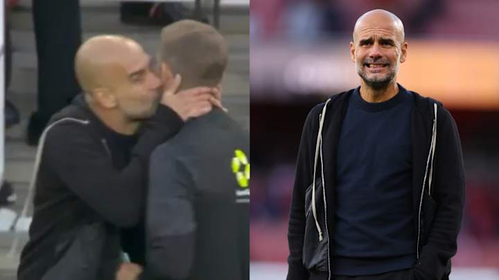 Pep Guardiola et le quatrième arbitre Craig Pawson sur la touche