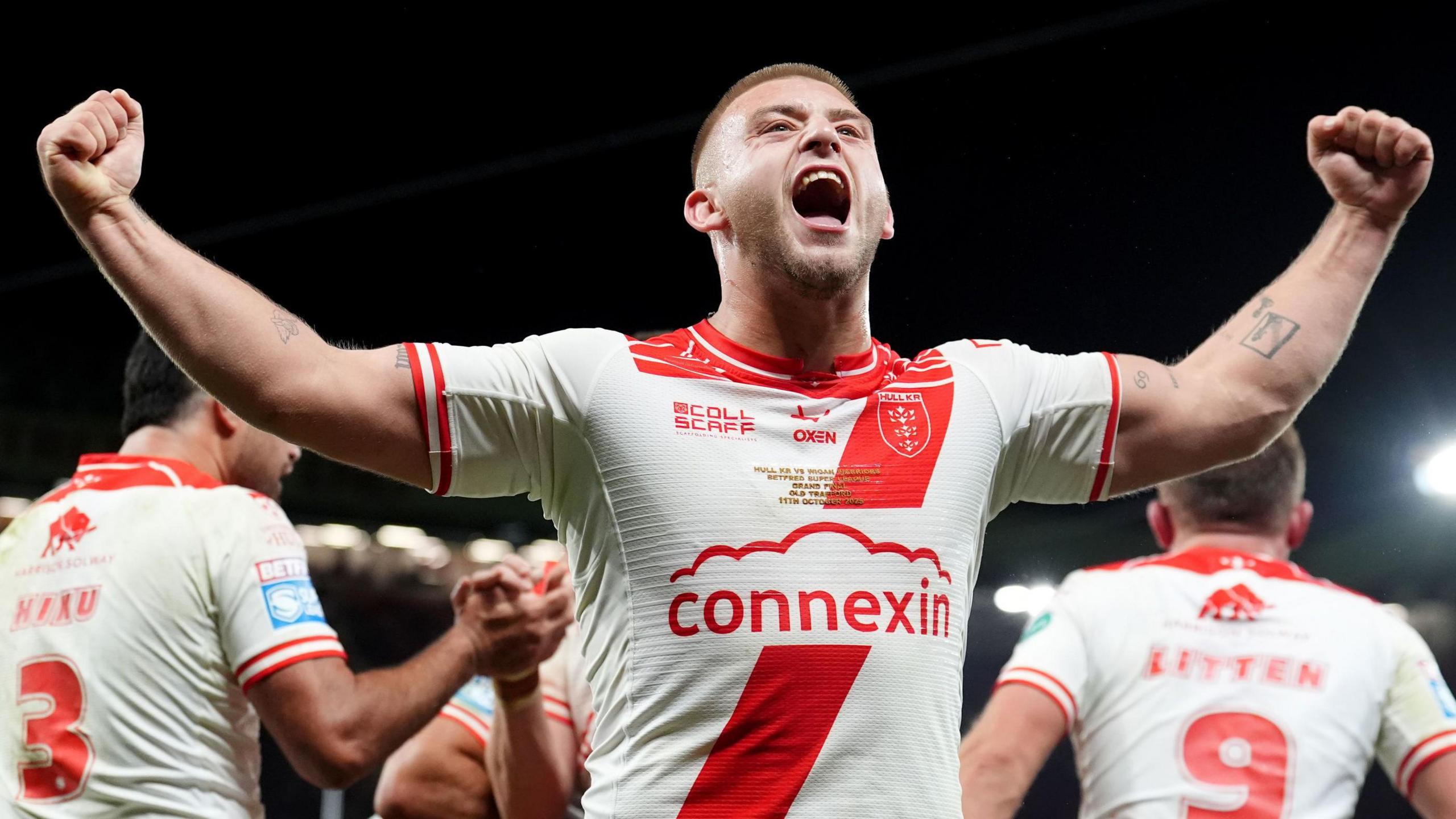 Mikey Lewis celebrates his try for Hull KR in the 2025 Super League Grand Final