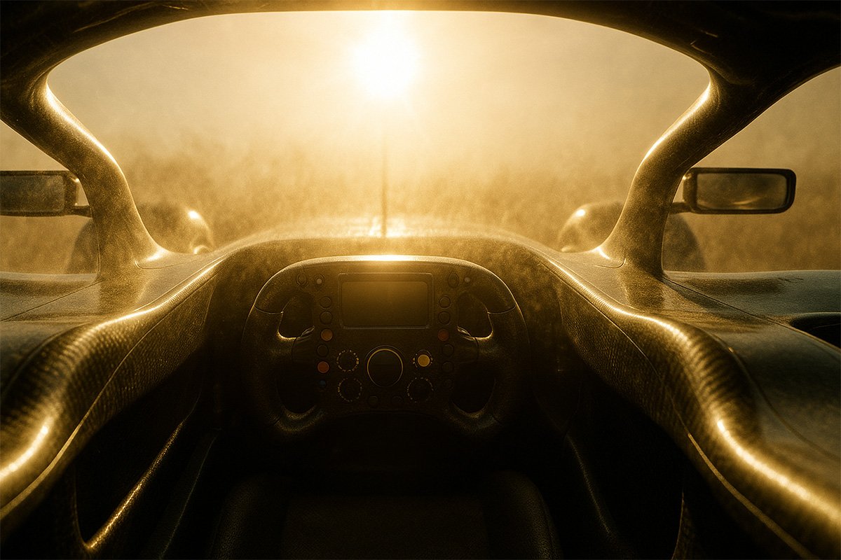 Intérieur d’un cockpit de F1 sous le soleil, illustration réaliste de la chaleur extrême en course
