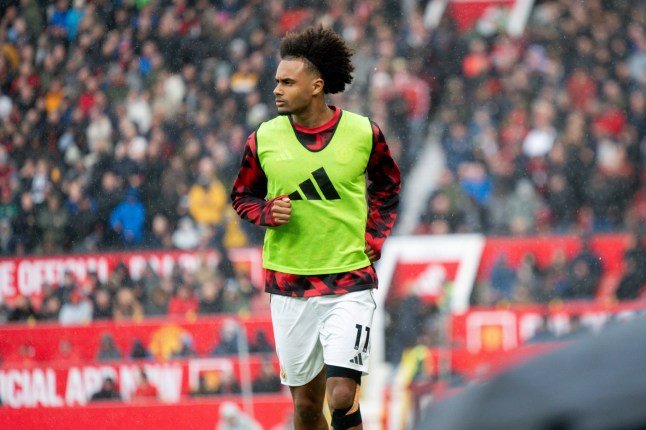 Joshua Zirkzee s'échauffant lors du match de Manchester United