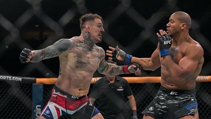 Le Français Ciryl Gane (à droite) lors de son combat face au Britannique Tom Aspinall (à gauche), à Abu Dhabi, le 25 octobre 2025.