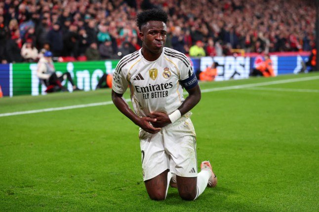 Vinicius Junior en action lors du match Liverpool – Real Madrid